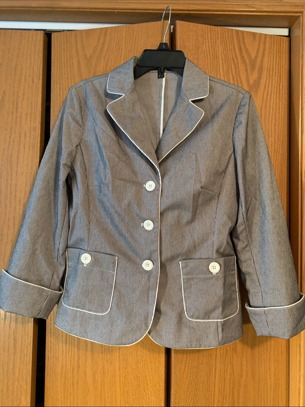 Tailored Gray Pinstripe Blazer with White Piping